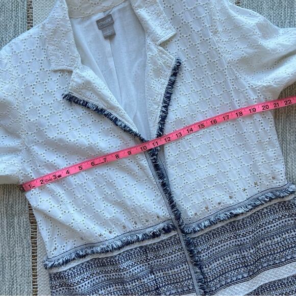 Chico’s White Blue Eyelet Linen Blend Embellished Lightweight Coat Women’s Large - Picture 6 of 9